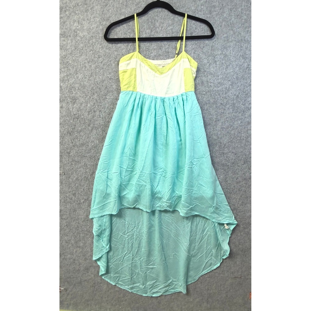 Billabong Womens High Low Sundress Blue Lime Green Colorblock Smocked Back Sz S